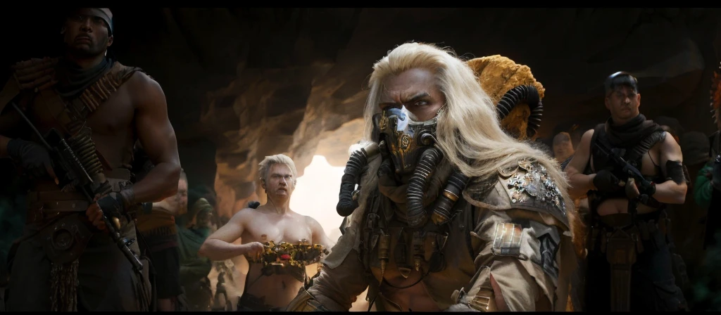 Many people in costumes standing in the cave, Dune 2 0 2 1 Movie scene, Live-action movie scenes, Epic sci-fi movie stills, Real-life stills, From《Mad Max:Fury Road》, Mad Max 狂怒之路风格, Rick Baker style, Rick Baker, Mad Max风格, Mad Max:Fury Road 剧照