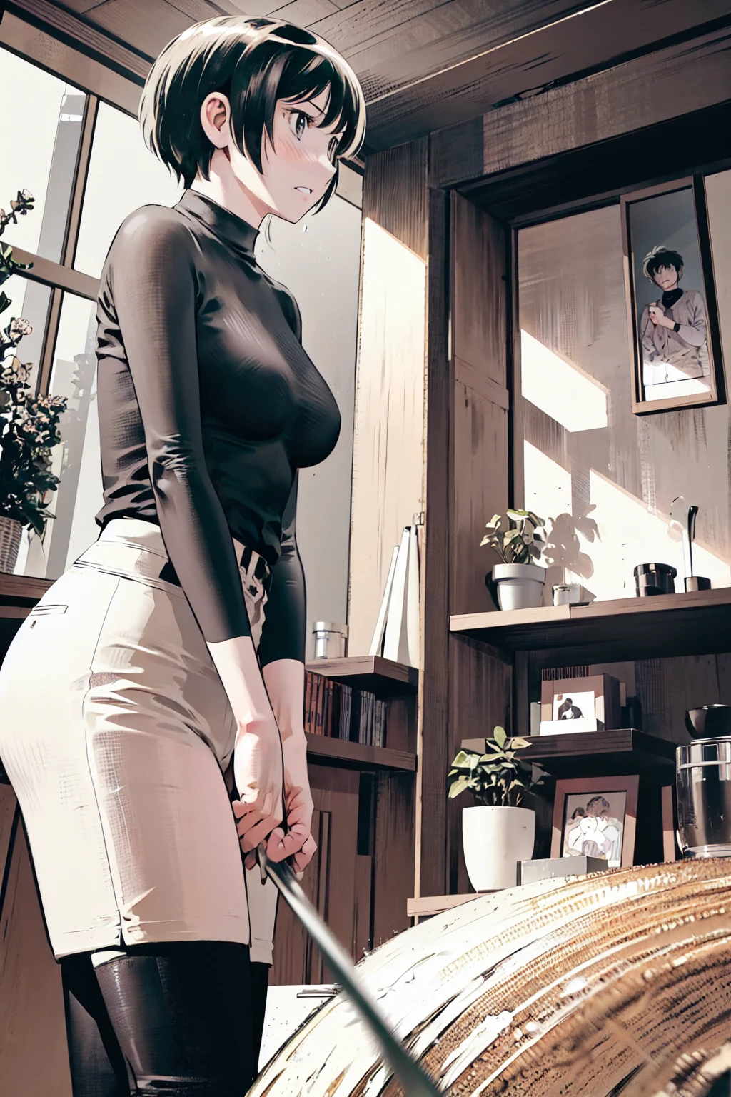 、(masterpiece、Highest quality)、Highest quality, Ultra-high resolution, (((masterpiece))), alone, Sweat、Big eyes,Tight black shirt、Tight white pants、belt、indoor、Composition from the front、(Cut the back hair short、short hair、blonde、woman)、Shortcuts、Embarrassed face、Cut your hair short、可愛いwomanの子、Big Breasts、Inside the room、Full Color、Baseball uniform
