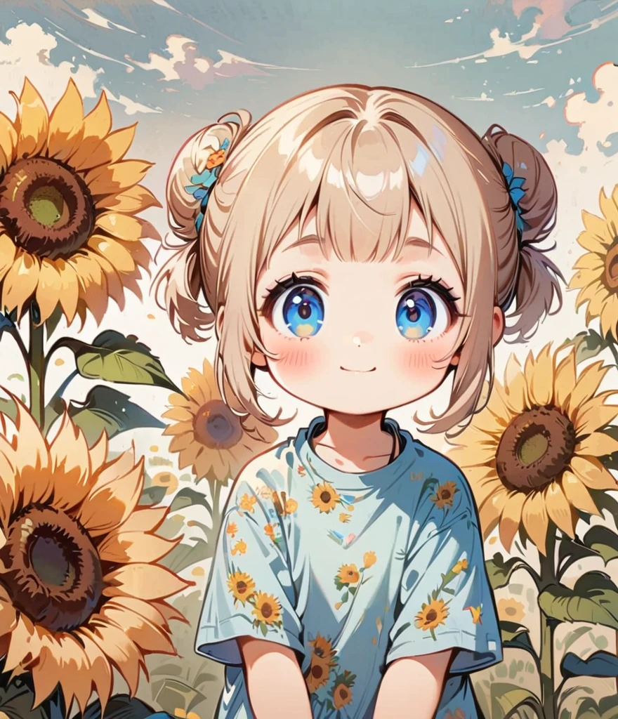 Sunflowers blooming in the background、Sunflower field, Cartoon style character design,1 Girl, alone,Big eyes,Cute expression,Two buns hair,Floral Shirt,interesting,interesting,Clean Lines