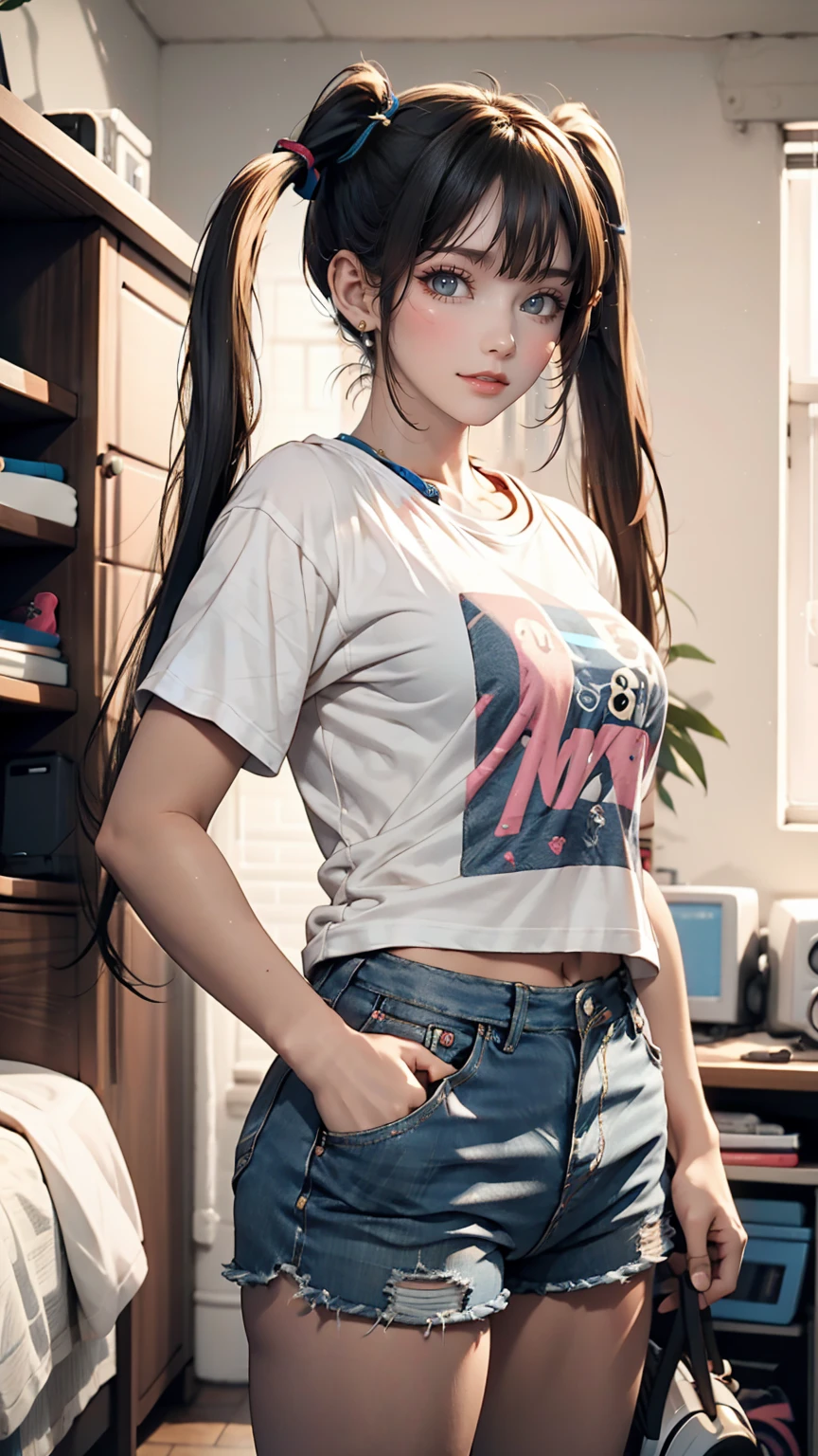 18-year-old female、Twin tails、Hot pants on a t-shirt、A typical teenage girl&#39;s room、Playing guitar、Headphones are hanging around your neck