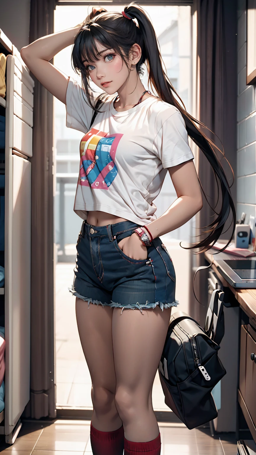 18-year-old female、Twin tails、Hot pants on a t-shirt、A typical teenage girl&#39;s room、Playing guitar、Headphones are hanging around your neck