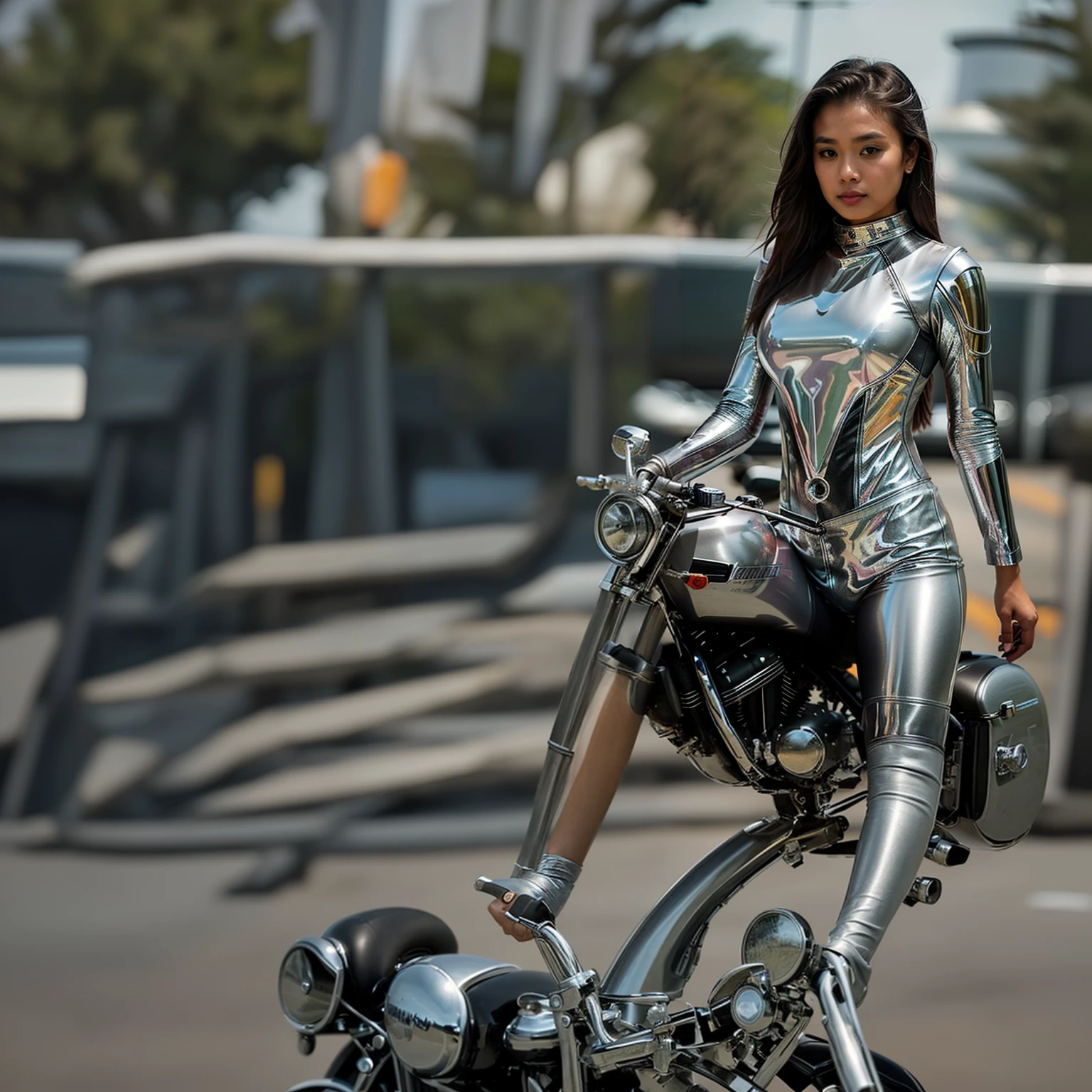 a beautiful woman riding a Harley Davidson