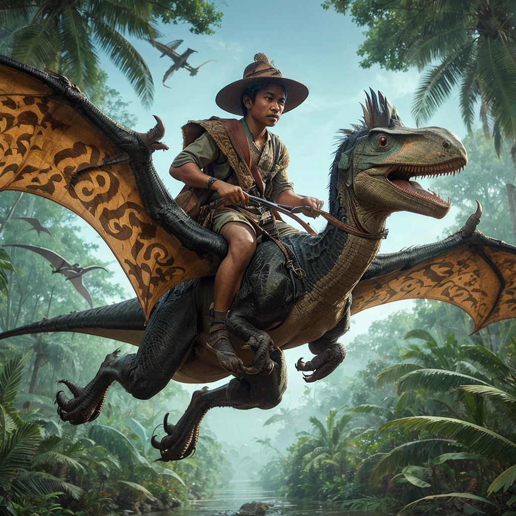 Indonesian people with pteranodon, realistic, DSLR, photography