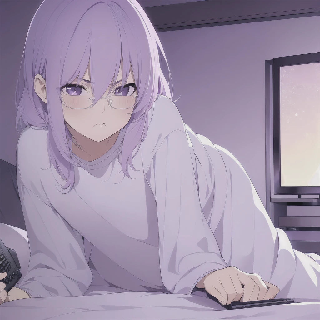 ((masterpiece)), (best quality), (ultra-detailed), photorealistic, (best illustration), ((an extremely delicate and beautiful)), 1boy, solo, medium hair, lilac cat ears, lilac hair, [:lilac cat tail under:0.2], full body, very young, Cute, holding controller, playful, want to play with viewer, purple eyes, shortstack, kid, offers controller to viewer, glasses, serious face, boyish face, young boy, shirt and pants, oversize clothes, blush, shy, TV on background, game console behind, Night, cranky boy, pout, looking at viewer, viewer POV, 