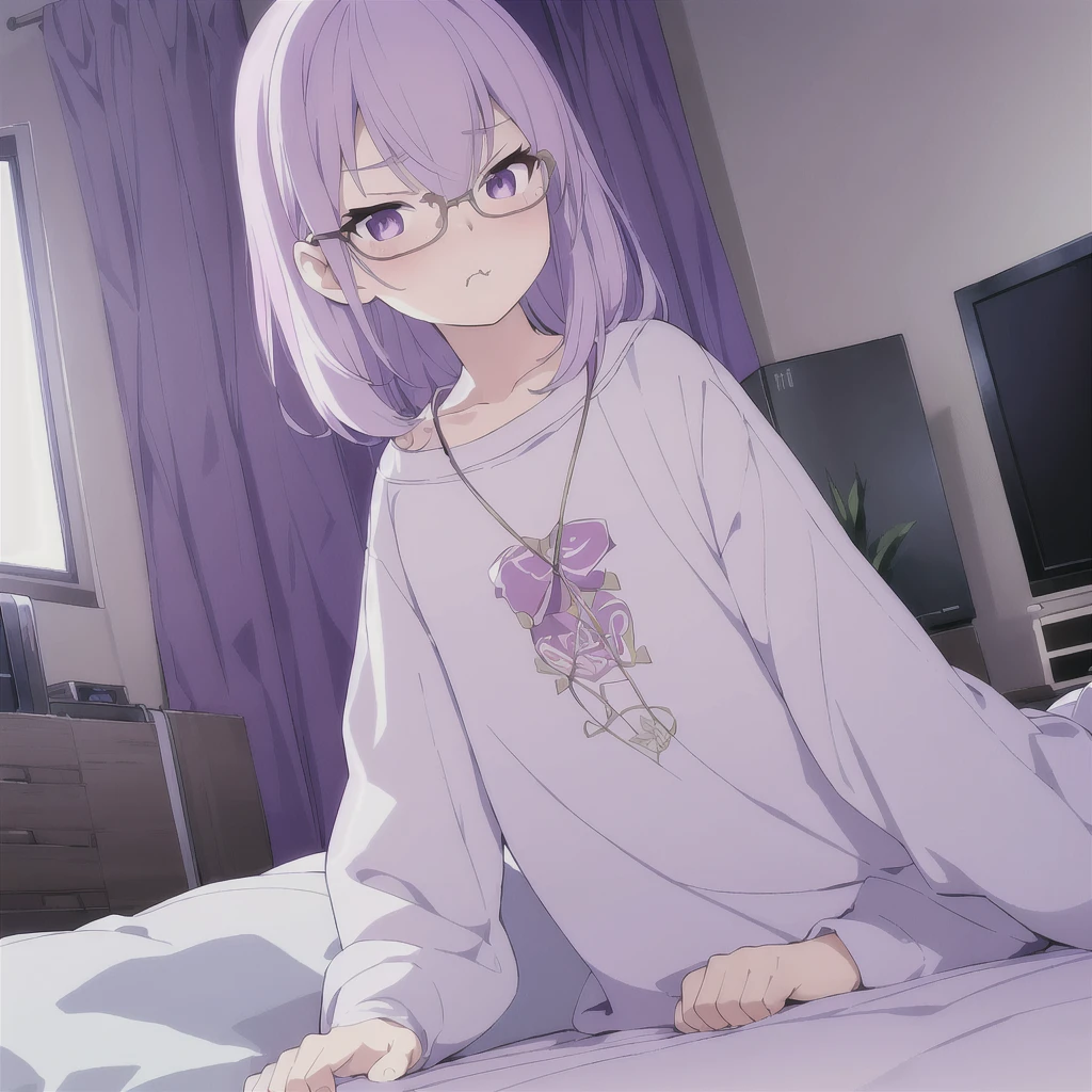 ((masterpiece)), (best quality), (ultra-detailed), photorealistic, (best illustration), ((an extremely delicate and beautiful)), 1boy, solo, medium hair, lilac cat ears, lilac hair, [:lilac cat tail under:0.2], full body, very young, Cute, holding controller, playful, want to play with viewer, purple eyes, shortstack, kid, offers controller to viewer, glasses, serious face, boyish face, young boy, shirt and pants, oversize clothes, blush, shy, TV on background, game console behind, Night, cranky boy, pout, looking at viewer, viewer POV, 