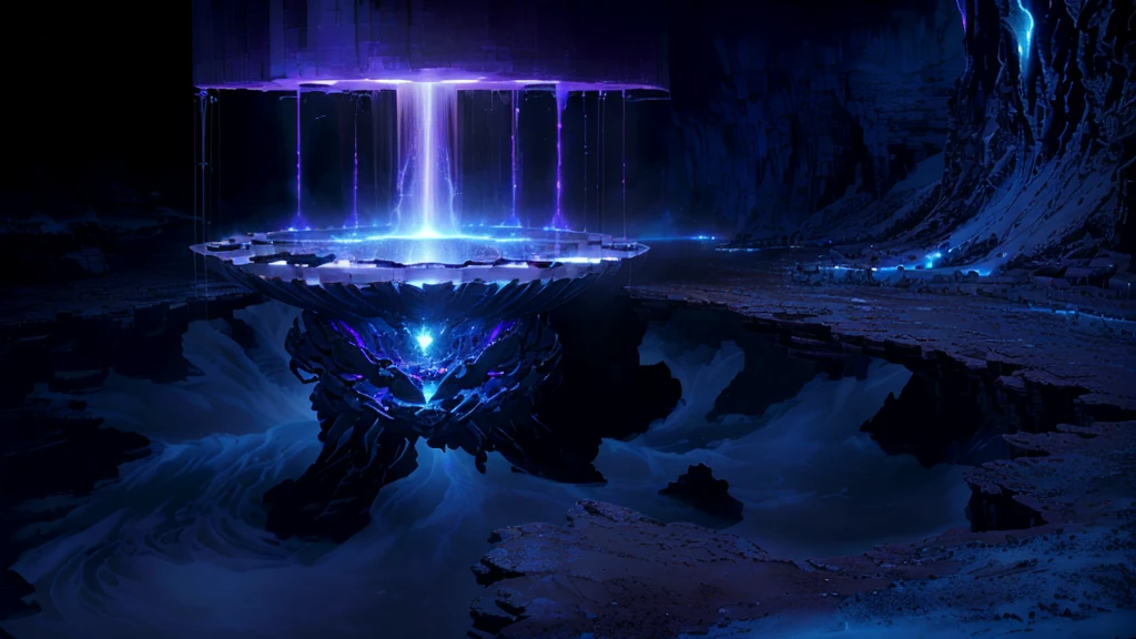 masterpiece, best quality, (extremely detailed CG unity 8k wallpaper), (best quality), (best illustration), (best shadow), absurdres, realistic lighting, (Abyss), beautiful detailed glow, art by PeterMohrBacher, there is a fountain with water coming out of it in the dark, spirits coming out of portal, majestic interstellar portal, colossale interstellar portal, depicted as a scifi scene, waterfall in asteroid field, matte painting of steam machines, studying a hell open rift portal, ice city in 2 0 8 0, portal into anotheer dimension, infinite quantum portal