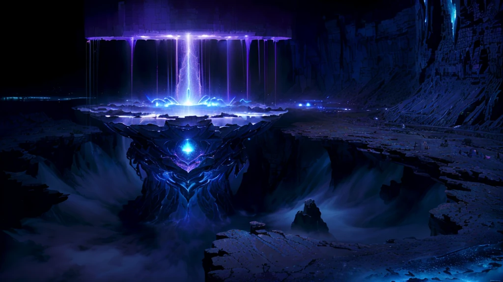 masterpiece, best quality, (extremely detailed CG unity 8k wallpaper), (best quality), (best illustration), (best shadow), absurdres, realistic lighting, (Abyss), beautiful detailed glow, art by PeterMohrBacher, there is a fountain with water coming out of it in the dark, spirits coming out of portal, majestic interstellar portal, colossale interstellar portal, depicted as a scifi scene, waterfall in asteroid field, matte painting of steam machines, studying a hell open rift portal, ice city in 2 0 8 0, portal into anotheer dimension, infinite quantum portal