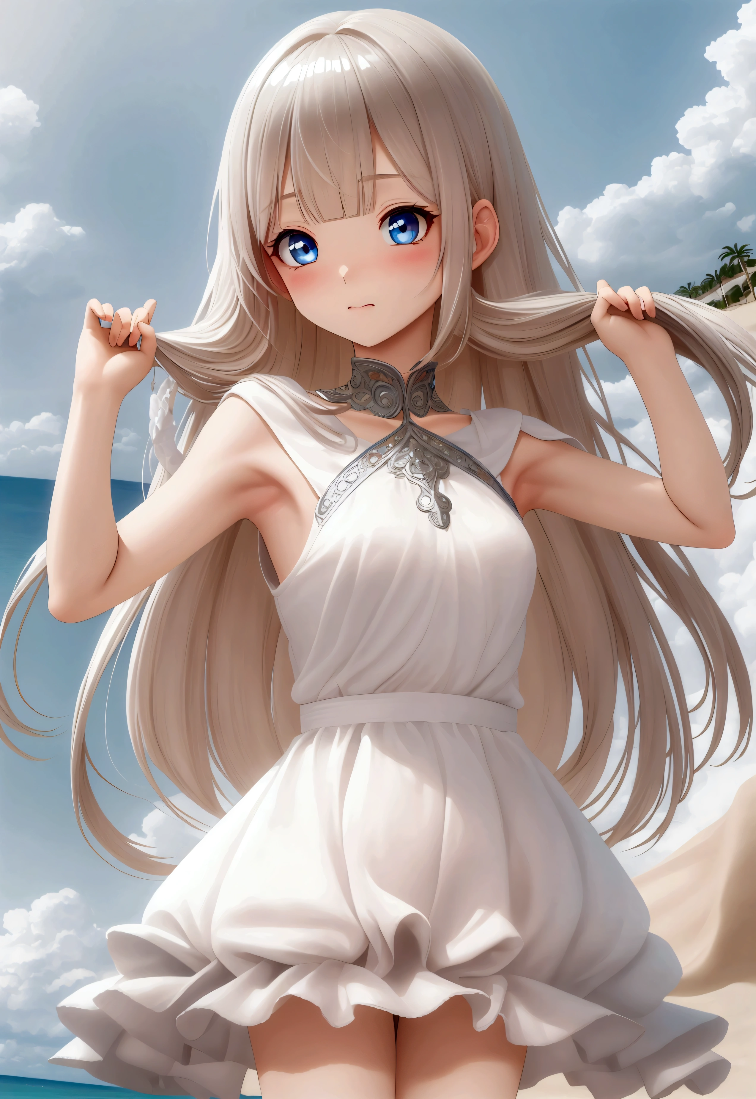 Back girl looking back with a shy smile, blushing, dressed in a semi-transparent dress and underneath a black swimsuit, beach scenery, girl with silver hair, light blue eyes, mole, with a white bow in her hair,