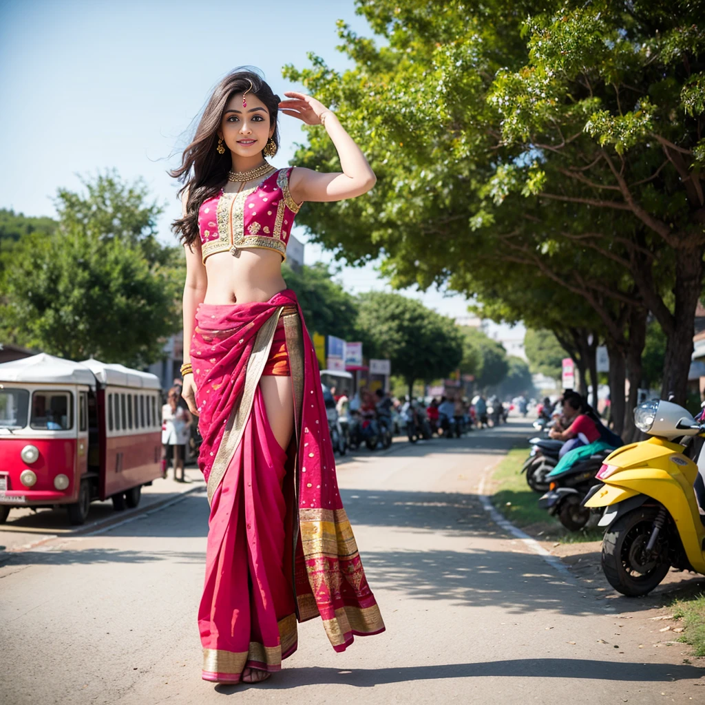 
1. **Traditional Attire:**
   - "A young Indian girl dressed in a colorful lehenga choli, with intricate henna designs on her hands, standing in front of a grand palace decorated for a festival."

2. **Modern Fashion:**
   - "A stylish Indian girl in a trendy urban outfit, with vibrant street art murals in the background, posing confidently on a bustling city street."

3. **Cultural Celebration:**
   - "An Indian girl participating in a Holi festival, her face and clothes covered in bright colored powders, with people celebrating joyfully around her."

4. **Village Scene:**
   - "A young Indian girl in a simple, traditional salwar kameez, sitting by a tranquil river in a rural village, with lush green fields and thatched-roof huts in the background."

5. **Academic Setting:**
   - "An Indian girl in a rajsthani dress, sitting at a desk in a classroom, focused on her studies with books and a chalkboard in the background."

6. **Artistic Pursuit:**
   - "An Indian girl practicing classical Indian dance, wearing an elegant Bharatanatyam costume, striking a graceful pose