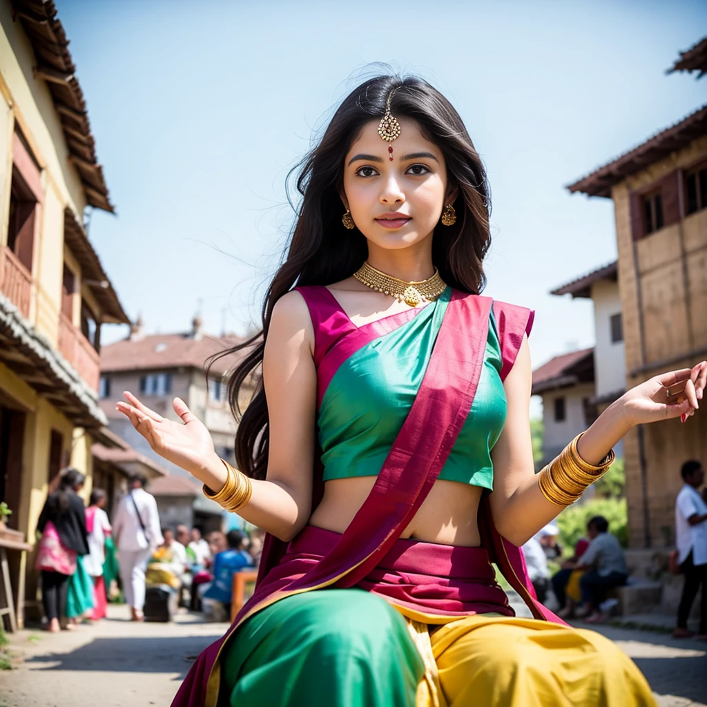 
1. **Traditional Attire:**
   - "A young Indian girl dressed in a colorful lehenga choli, with intricate henna designs on her hands, standing in front of a grand palace decorated for a festival."

2. **Modern Fashion:**
   - "A stylish Indian girl in a trendy urban outfit, with vibrant street art murals in the background, posing confidently on a bustling city street."

3. **Cultural Celebration:**
   - "An Indian girl participating in a Holi festival, her face and clothes covered in bright colored powders, with people celebrating joyfully around her."

4. **Village Scene:**
   - "A young Indian girl in a simple, traditional salwar kameez, sitting by a tranquil river in a rural village, with lush green fields and thatched-roof huts in the background."

5. **Academic Setting:**
   - "An Indian girl in a rajsthani dress, sitting at a desk in a classroom, focused on her studies with books and a chalkboard in the background."

6. **Artistic Pursuit:**
   - "An Indian girl practicing classical Indian dance, wearing an elegant Bharatanatyam costume, striking a graceful pose