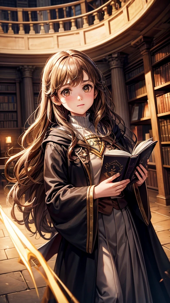 Create an image of Hermione Granger from the Harry Potter series.
Description:
A young girl with bushy brown hair.
Wearing a with a black robe.
Holding a book or a wand.
Background: A magical setting, such as a castle or library.