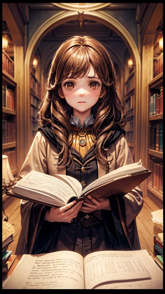 Create an image of Hermione Granger from the Harry Potter series.

Description:

A young girl with bushy brown hair.
Wearing a  with a black robe.
Holding a book or a wand.
Background: A magical setting, such as a castle or library.