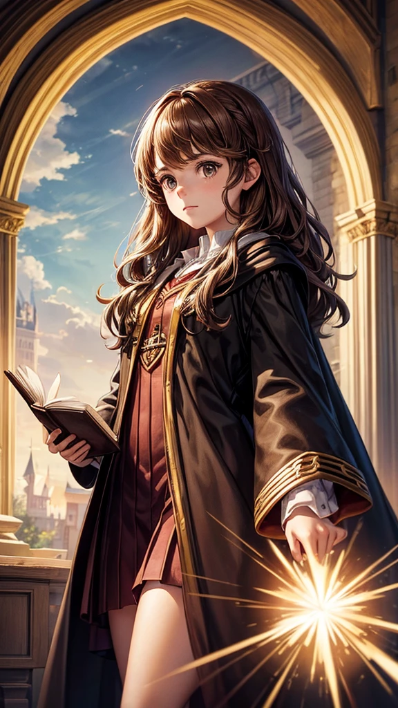 Create an image of Hermione Granger from the Harry Potter series.

Description:

A young girl with bushy brown hair.
Wearing a  with a black robe.
Holding a book or a wand.
Background: A magical setting, such as a castle or library.