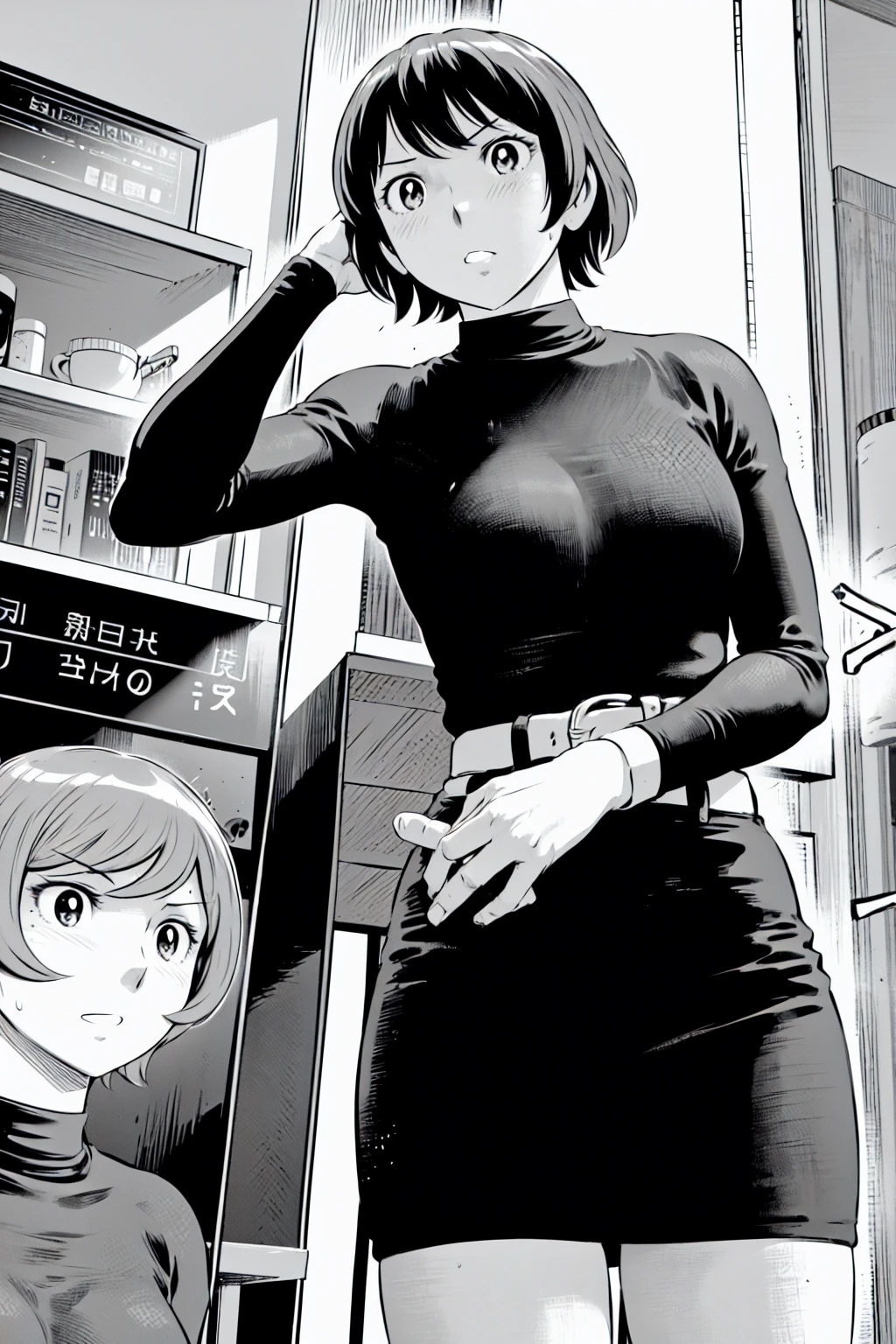 、(masterpiece、Highest quality)、Highest quality, Ultra-high resolution, (((masterpiece))), alone, Sweat、Big eyes,Tight black shirt、Tight white pants、belt、indoor、Composition from the front、(Cut the back hair short、short hair、blonde、woman)、Shortcuts、Embarrassed face、Cut your hair short、可愛いwomanの子、Big Breasts、Inside the room、Full Color、Baseball uniform