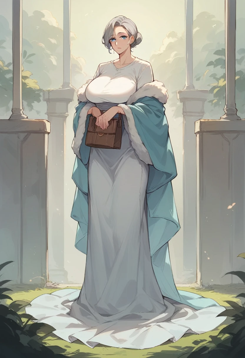 Girl with grey hairs , blue eyes tall height big , mature aura