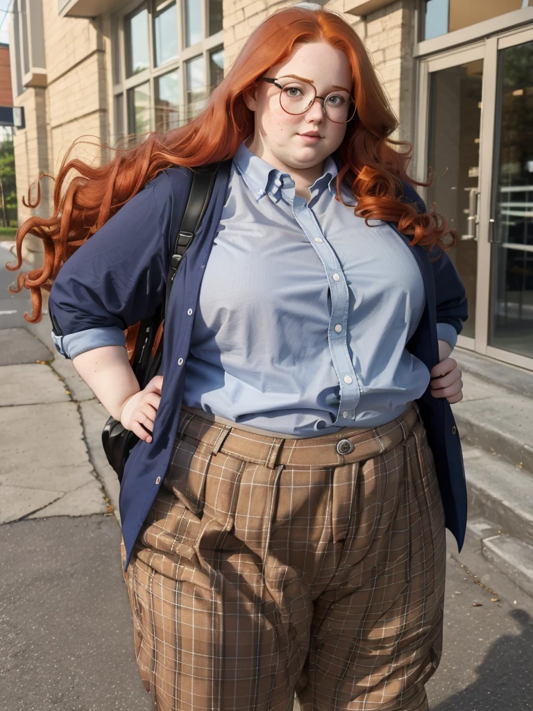 A peaceful photo of a young cute nerdy redhead bbw student with glasses with long wavy ginger hair soft fat belly, wide fat obese hips, thick fat legs and fat arms, cute pretty face, small breasts, blue eyes, freckles, in long plaid shirt tucked in her trousers, and trousers, wearing a backpack in front of a school
