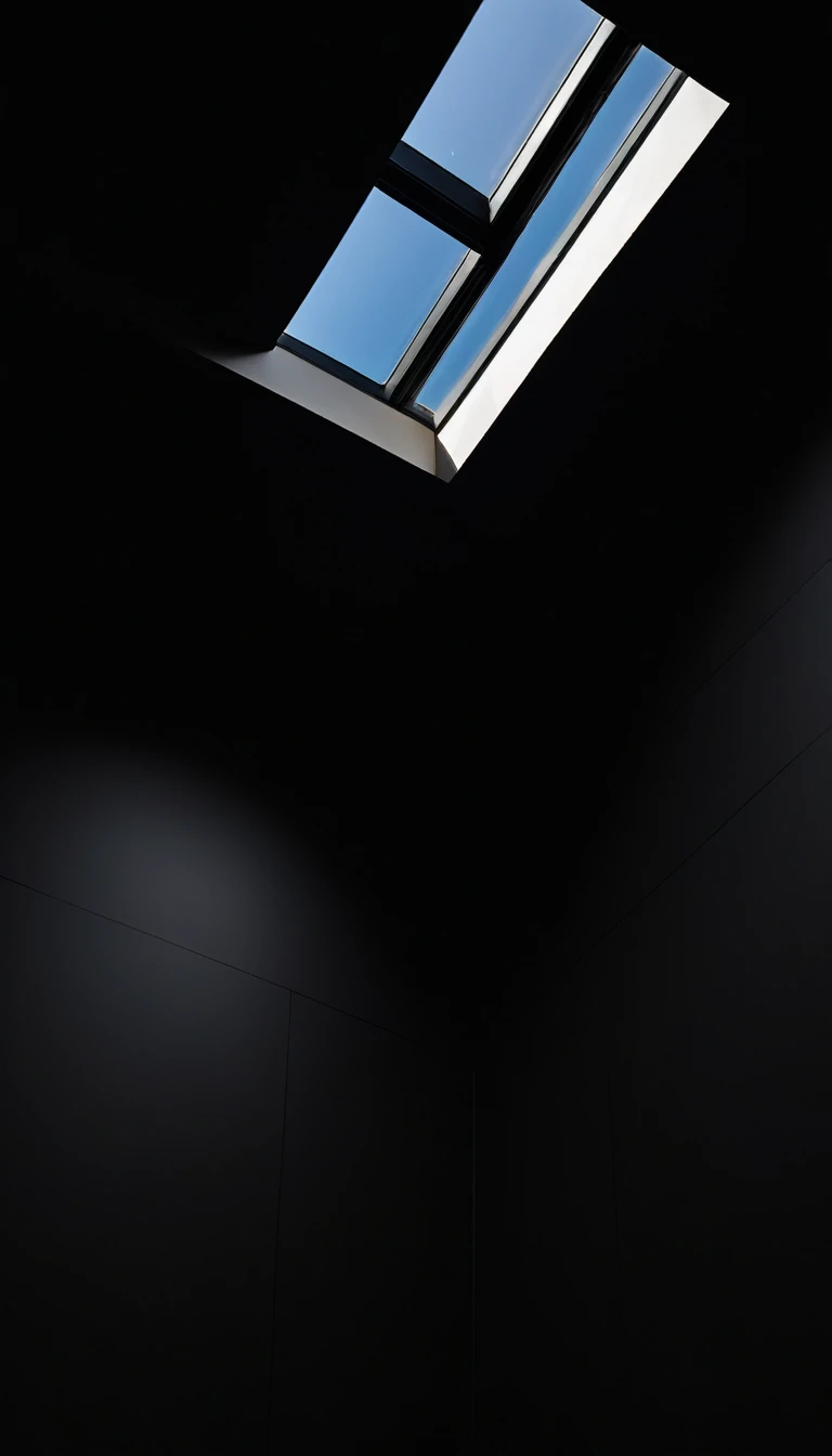 Bottom view,Pure black background,A skylight,Light and Shadow,Minimalism