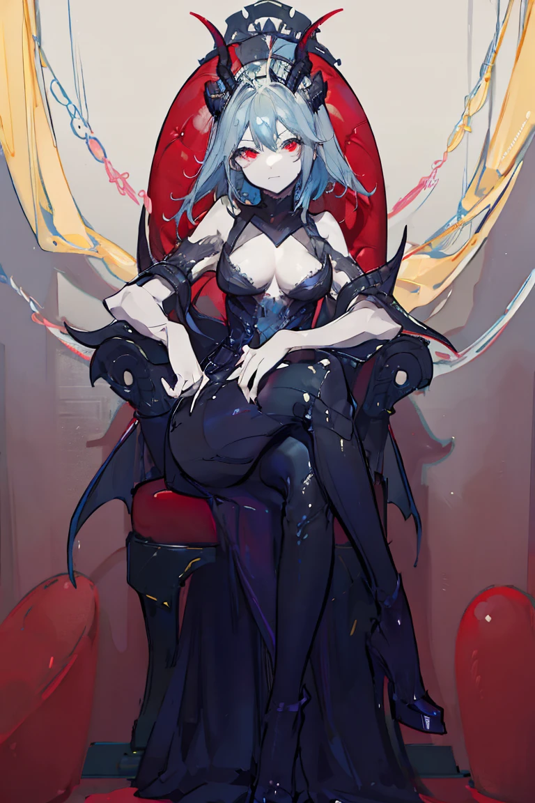 Anime style girl, dragon horns, long blue hair, red inner color, yellow and red odd eyes, large breasts, short stature, scaled body, sitting on a throne