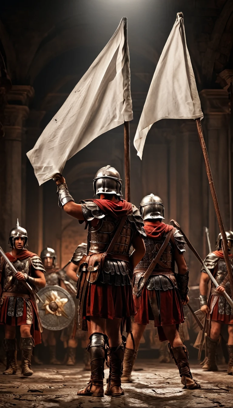 Roman soldiers raising a white flag during a battle scene, with their iconic armor and shields, background dark, hyper realistic, ultra detailed hyper realistic, photorealistic, Studio Lighting, reflections, dynamic pose, Cinematic, Color Grading, Photography, Shot on 50mm lens, Ultra-Wide Angle, Depth of Field, hyper-detailed, beautifully color, 8k, golden light from the front,