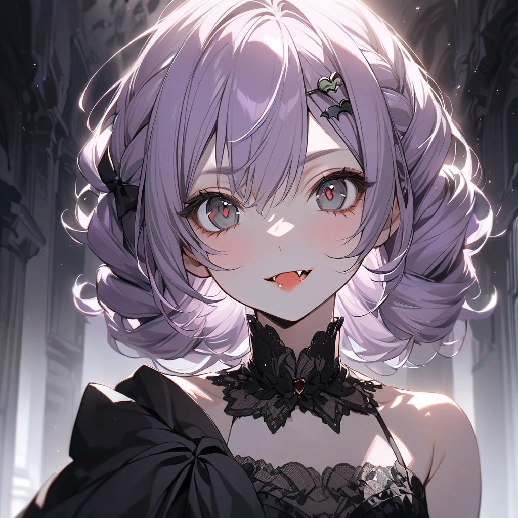 (Cute a girl:1.5), (a girl with closs hair pin,pale purple hair,braided and up.,bluntbangs hair,green and black eyes,Vampire cloak,fang,look at viewer :1.4),
(masterpiece:1.3), anime visual, (Lovey-dovey:1.5), (tilt head:1.3), extremely delicate face, soft clean focus, realistic lighting and shading, (an extremely delicate and beautiful art:1.3), elegant, (muted colors:1.1), small breast,slim,One-shoulder jet black wedding dress, crimson lips, upturned eyes, portrait, wide open eyes, silver light effect in the background,