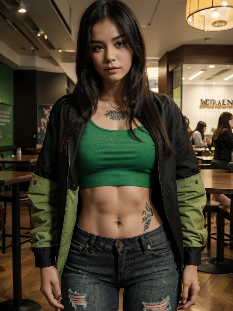 a beautiful woman with straight hair, wearing ripped jeans, wearing an open black Korean jacket, On his chest, a tattoo of a red dragon combined with bright green is clearly visible, the tail is in the center, mall cafe table background, 8K UHD picture, Realistic