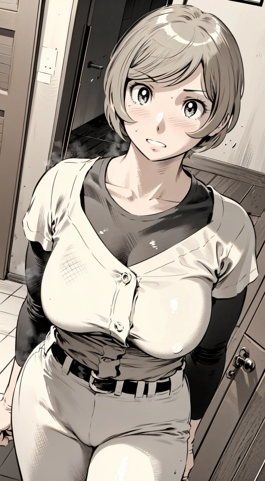 、(masterpiece、Highest quality)、Highest quality, Ultra-high resolution, (((masterpiece))), alone, Sweat、Big eyes,Tight black shirt、Tight white pants、belt、indoor、Composition from the front、（Cut the back hair short、short hair、blonde、woman）、Shortcuts、Embarrassed face、Cut your hair short、可愛いwomanの子、Big Breasts、Inside the room、Full Color、Baseball uniform