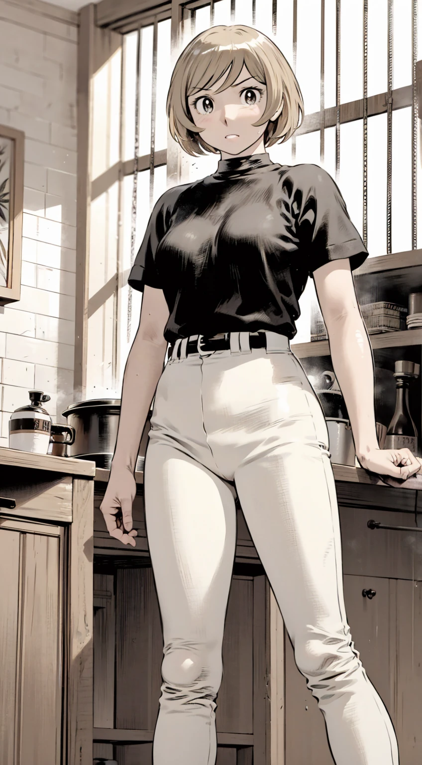 、(masterpiece、Highest quality)、Highest quality, Ultra-high resolution, (((masterpiece))), alone, Sweat、Big eyes,Tight black shirt、Tight white pants、belt、indoor、Composition from the front、（Cut the back hair short、short hair、blonde、woman）、Shortcuts、Embarrassed face、Cut your hair short、可愛いwomanの子、Big Breasts、Inside the room、Full Color、Baseball uniform