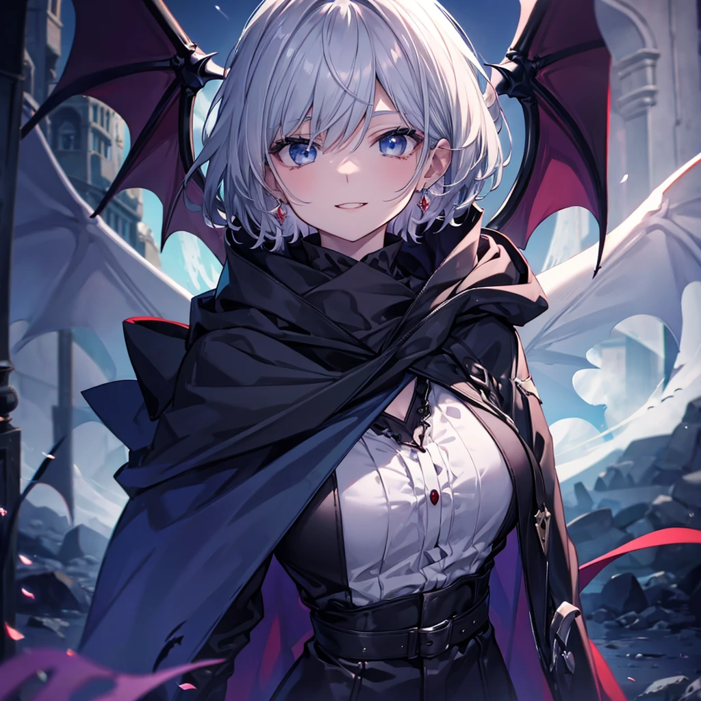 ((((vampire Inflammation)))) (((Gray Hair short hair blue eyes woman Center close-up))),((night full moon My own big wings)),(Wearing a hood Black camisole Purple light Wearing a cloak), Creepy Smile Showing teeth Shining Background Shining Edges