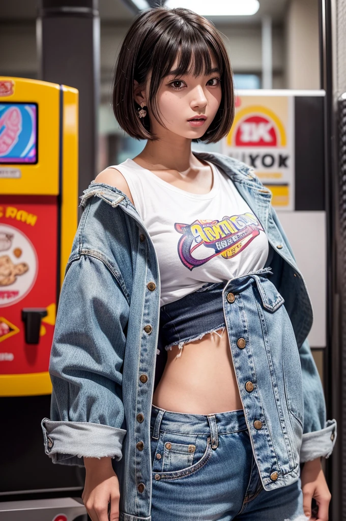 Game center, professional gamer, ((full body)), ((photo)), ((best qualtiy, 8K, tmasterpiece: 1.3)), Focus: 1.2, perfect figure beautiful girl: 1.4, 1girl, cowboy shot, look at viewer, eyes facing the camera, incredibly absurd, beautiful and cute girl with a photorealistic face, showcasing top-quality craftsmanship, A Japanese girl playing games at an arcade, 17 years old, with a bob cut, silky black hair, bangs cut at an angle to reveal her right eye, large eyes, a soft smile, tanned skin, thin and well-formed eyebrows, straight nose with a rounded tip, thin lips but a healthy, natural pink colour, small ears with pierced ears, a slender neck with a sharp jawline, a small face with well-formed facial features, fair, fine, translucent skin, long eyelashes that make the eye makeup stand out, eyes that are powerful but also kind, Well-aligned, white teeth, healthy, shiny skin and hair, friendly expression, , slender, well-balanced proportions, good posture, beautiful C-cup breasts, white character T-shirt, blue denim jacket, yellow shorts, white sneakers, silver earrings, tote bag with game character illustration printed on it, beautiful girl, moe, devilish type, sociable and easy to talk to, values teamwork, curious and adventurous, has a sense of humor, July