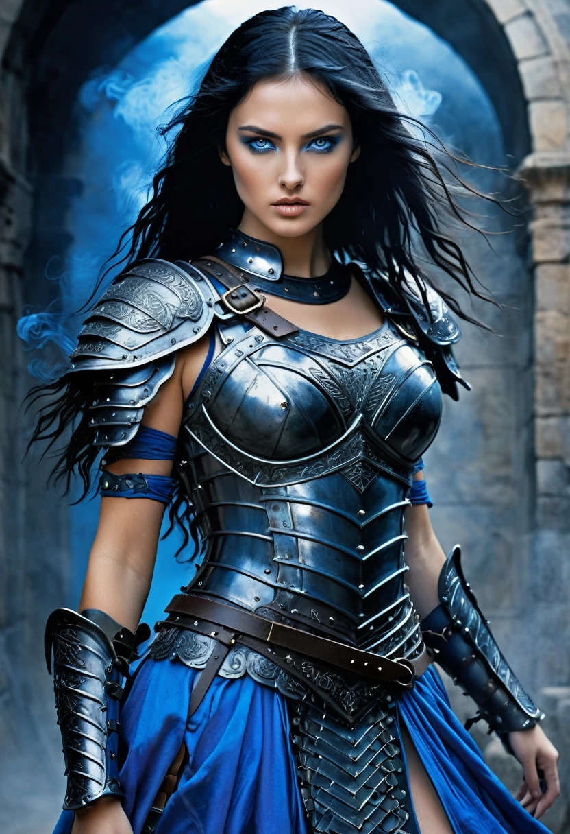 albrecht durer meets Luis Royo-inspired style, visualize a (((petite female gladiator))) with a (((petite body))), (((very long, messy, black hair))), (((dark, mysterious, blue eyes))), dressed in a (((vivid, legendary, 16K, hyper-detail sexy body armor dress))), embodying a (((fantastic, full-body aesthetic))) against a backdrop of (((swirling, hyper-detailed smoke))).