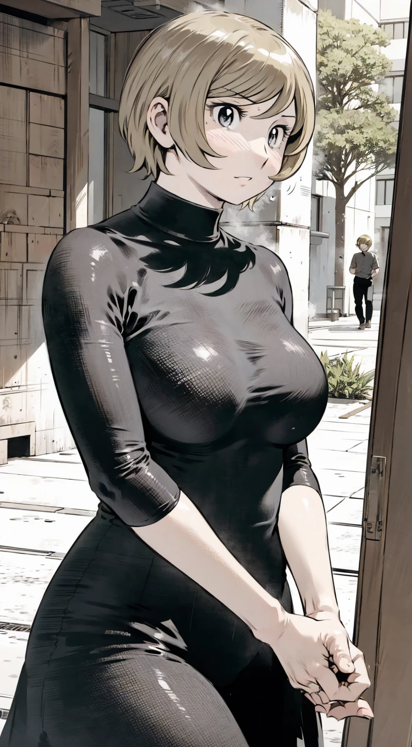 、(masterpiece、Highest quality)、Highest quality, Ultra-high resolution, (((masterpiece))), alone, Sweat、Big eyes, Please show me your armpits, No sleeve、Outdoor、Floral dress、Composition from the front、(Cut the back hair short、short hair、blonde、woman)、Shortcuts、Embarrassed face、Cut your hair short、可愛いwomanの子、Big Breasts