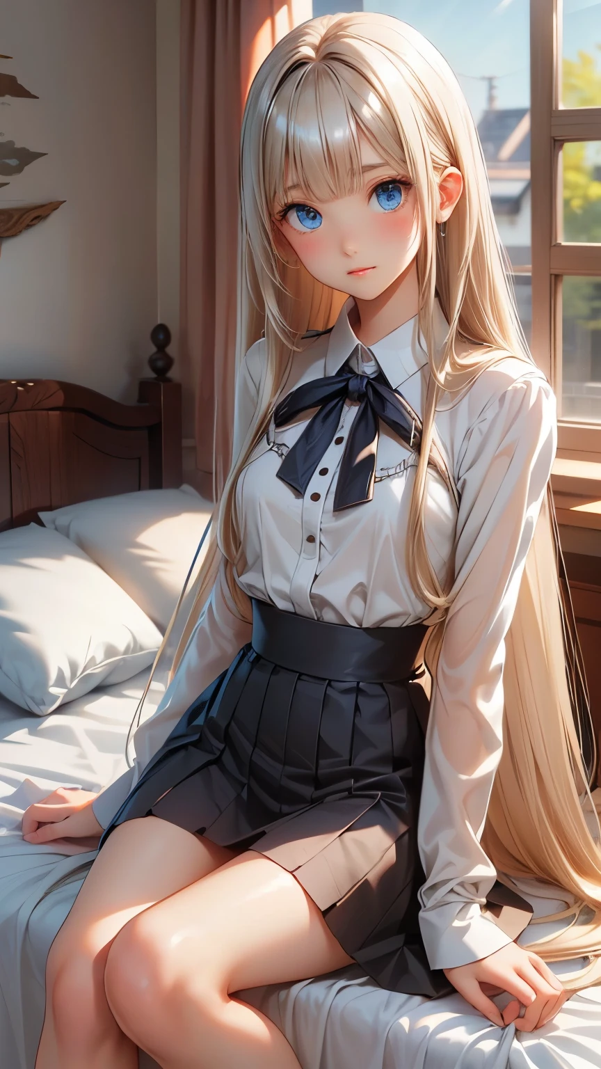 master piece , best quality , detailed , blouse , skirt , sitting , (from front) , bed room , indoor, Shiny platinum blonde silk super long straight hair, beautiful shiny bangs, big clear sky blue eyes, very beautiful bright eye highlights, Embarrassing, Blushing