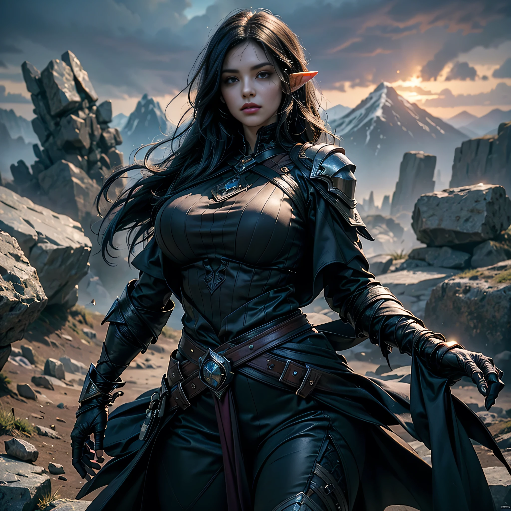 ((Best quality)), ((masterpiece)), (detailed: 1.4), 3D, (half-elf sorceress), (black hair, purple eyes, pale brown skin), (black robe, purple sleeves, grey pants, black boots and black armbands), (huge tits, big booty, short, curvy), (heavy gothic makeup), HDR (High Dynamic Range),Ray Tracing,NVIDIA RTX,Super-Resolution,Unreal 5,Subsurface dispersion, PBR texture, Post-processing, Anisotropic filtering, Depth of field, Maximum clarity and sharpness, Multilayer textures, Albedo and specular maps, Surface shading, Accurate simulation of light-material interaction, Perfect proportions, Octane Render, Two-tone lighting,Wide aperture,Low ISO,White balance,Rule of thirds,8K RAW,