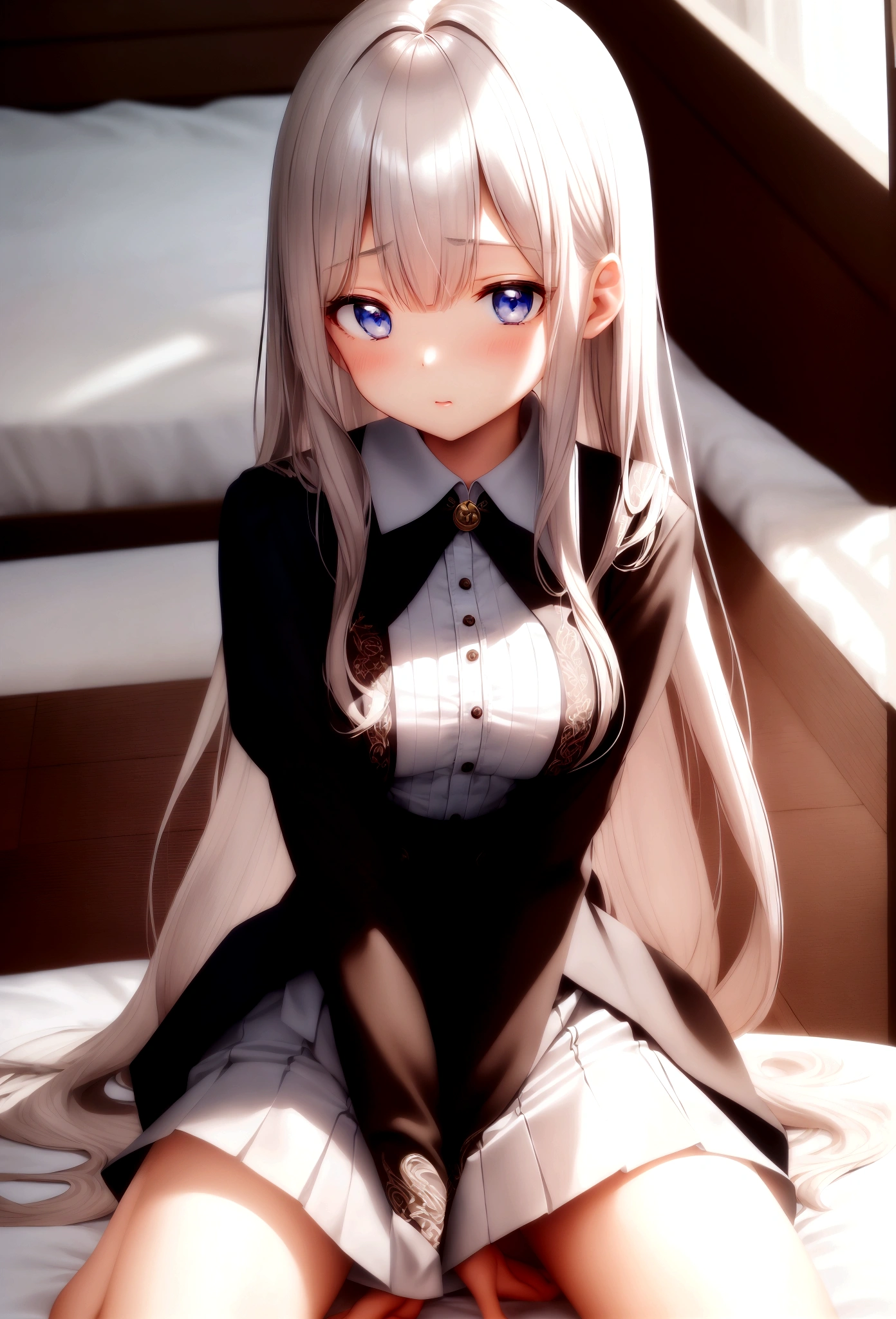 master piece , best quality , detailed , blouse , skirt , sitting , (from front) , bed room , indoor, Shiny platinum blonde silk super long straight hair, beautiful shiny bangs, big clear sky blue eyes, very beautiful bright eye highlights, Embarrassing, Blushing