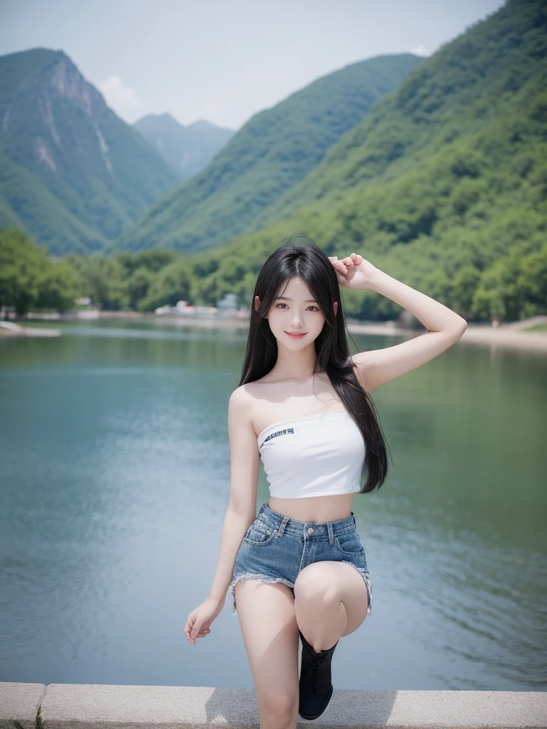 Korean woman age, Little smile, long black and pink hair, wear white strapless, hight cropped waist shirt Sleeveless, sleeveless. black denim short, Showing the skin of the legs, black boots, pose, Jump near the lake, mountain ,