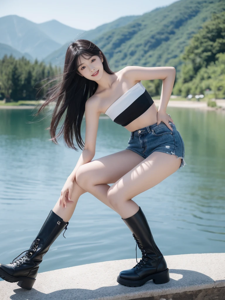 Korean woman age, Little smile, long black and pink hair, wear white strapless, hight cropped waist shirt Sleeveless, sleeveless. black denim short, Showing the skin of the legs, black boots, pose, Jump near the lake, mountain ,