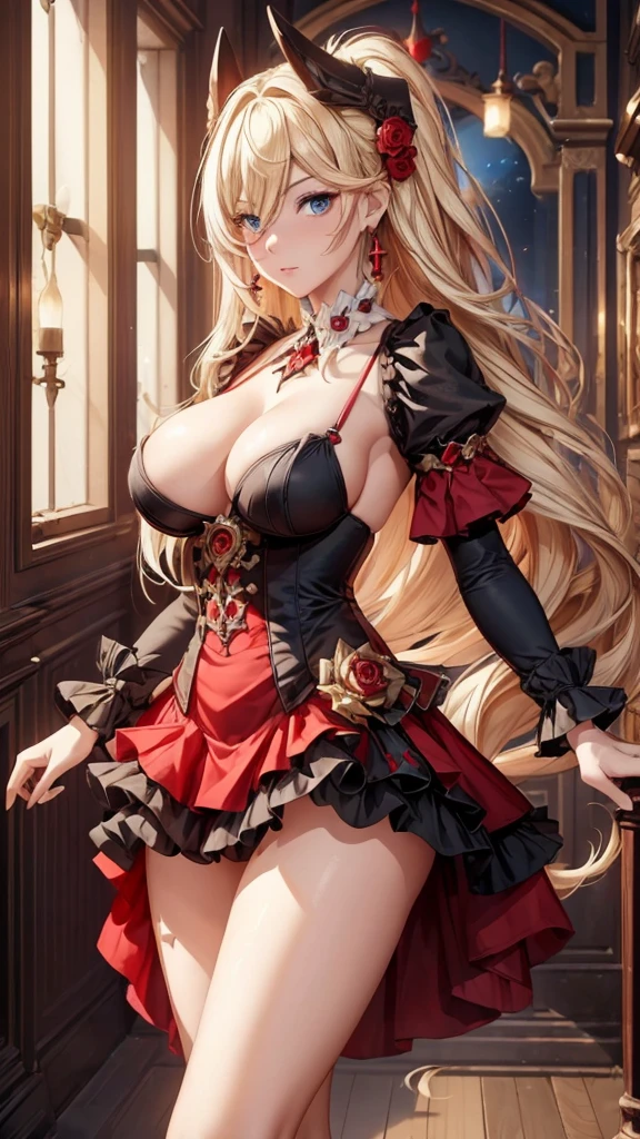 ((Masterpiece, Super High Quality, High Definition, Ultra High Definition 8K Quality)), one girl in red and black ruffled saloon girl costume, skinny, slim and thick, narrow waist, 8k, caravette, brothel, mmmm, shining blue eyes, long blonde hair