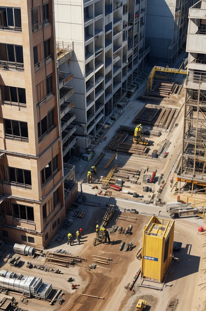 A busy construction site where workers are struggling with a hydraulic system that's malfunctioning causing pressure to build up dangerously