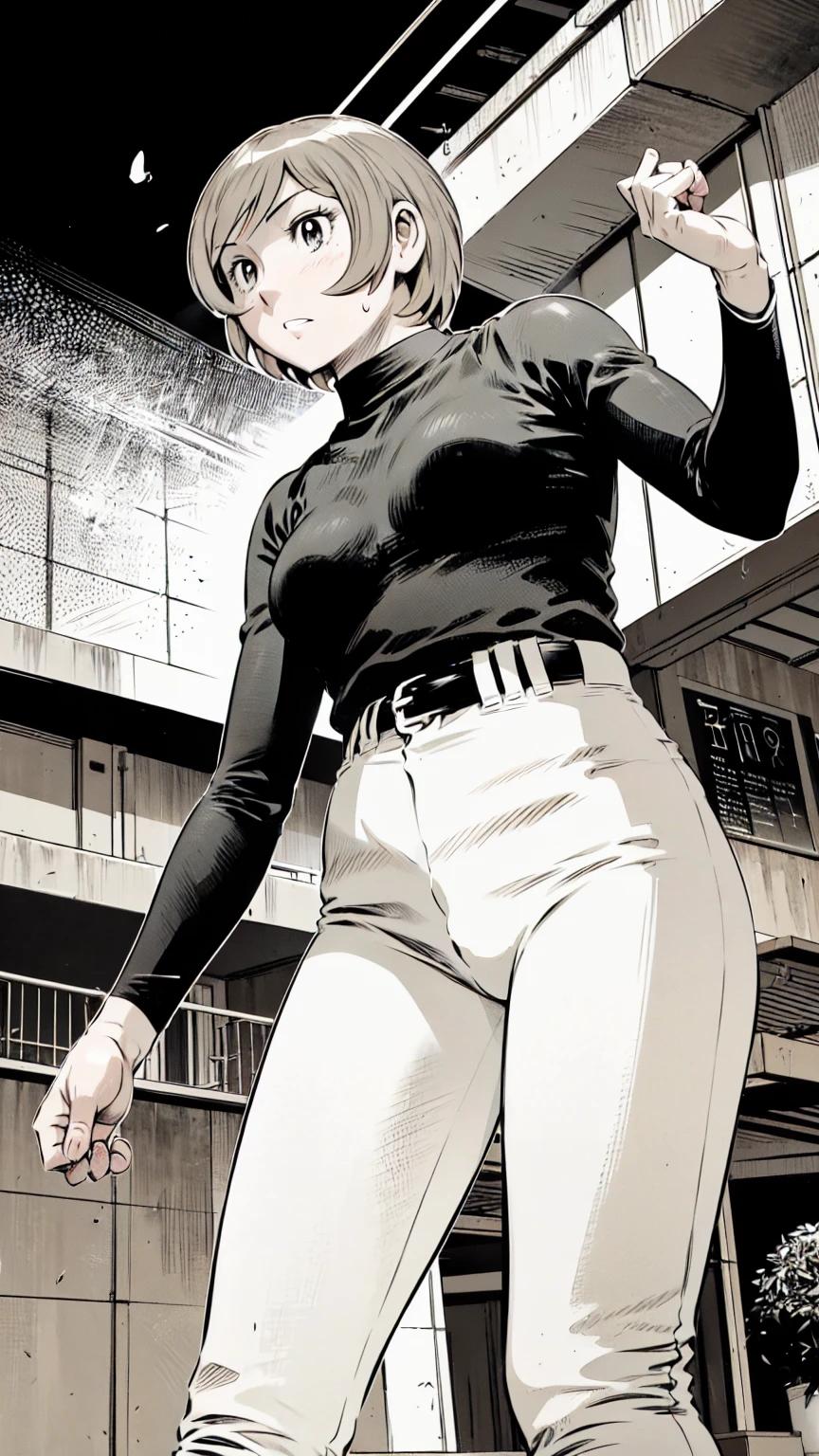 (野球uniform:1.2),
Blonde Hair, (short hair:1.2),Long sleeve, Black Shirt, turtleneck,White trousers、uniform、Black belt、((Illustration of people))、Big 、
View Audience,, (Highest quality:1.3),One Girl, White pants、uniform、Outdoor、baseball ground、ground、soil、blue eyes、Tight black shirt、(masterpiece、Highest quality)、Highest quality, Ultra-high resolution, (((masterpiece))), alone, Sweat、Big eyes、Big Breasts、One Girl, Front view、Embarrassed face、Bronze colored hair、((short hair))、Stand up straight