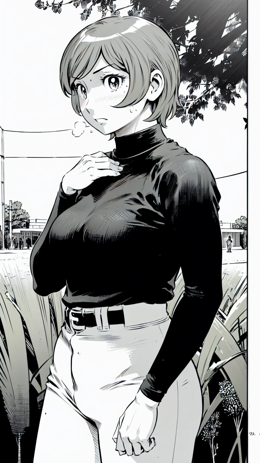 (野球uniform:1.2),
Blonde Hair, (short hair:1.2),Long sleeve, Black Shirt, turtleneck,White trousers、uniform、Black belt、((Illustration of people))、Big 、
View Audience,, (Highest quality:1.3),One Girl, White pants、uniform、Outdoor、baseball ground、ground、soil、blue eyes、Tight black shirt、(masterpiece、Highest quality)、Highest quality, Ultra-high resolution, (((masterpiece))), alone, Sweat、Big eyes、Big Breasts、One Girl, Front view、Embarrassed face、Bronze colored hair、((short hair))、Stand up straight