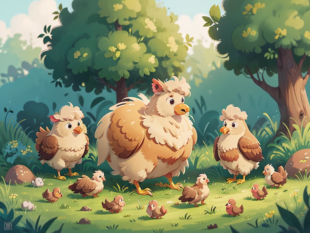 cartoon,Gallus gallus domesticus,Gallus gallus domesticus,Children's Illustrations,A mother hen with her chicks,Grassland,within the enclosure,cute