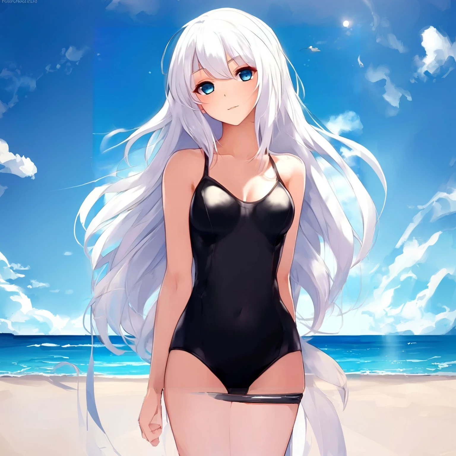 An anime girl on the beach, wearing a stylish black swimsuit, with long flowing white hair and bright blue eyes, standing under a bright sunny sky