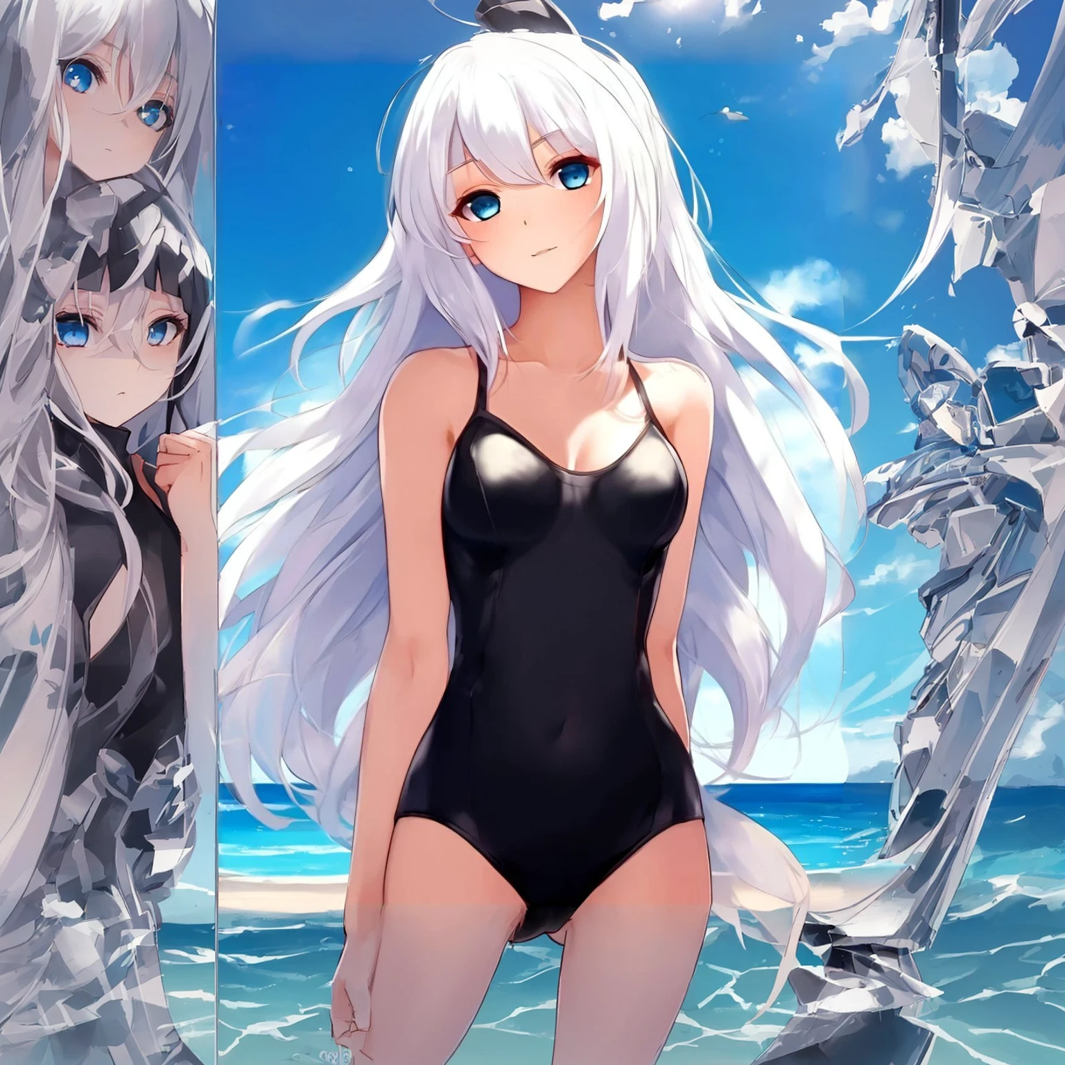 An anime girl on the beach, wearing a stylish black swimsuit, with long flowing white hair and bright blue eyes, standing under a bright sunny sky