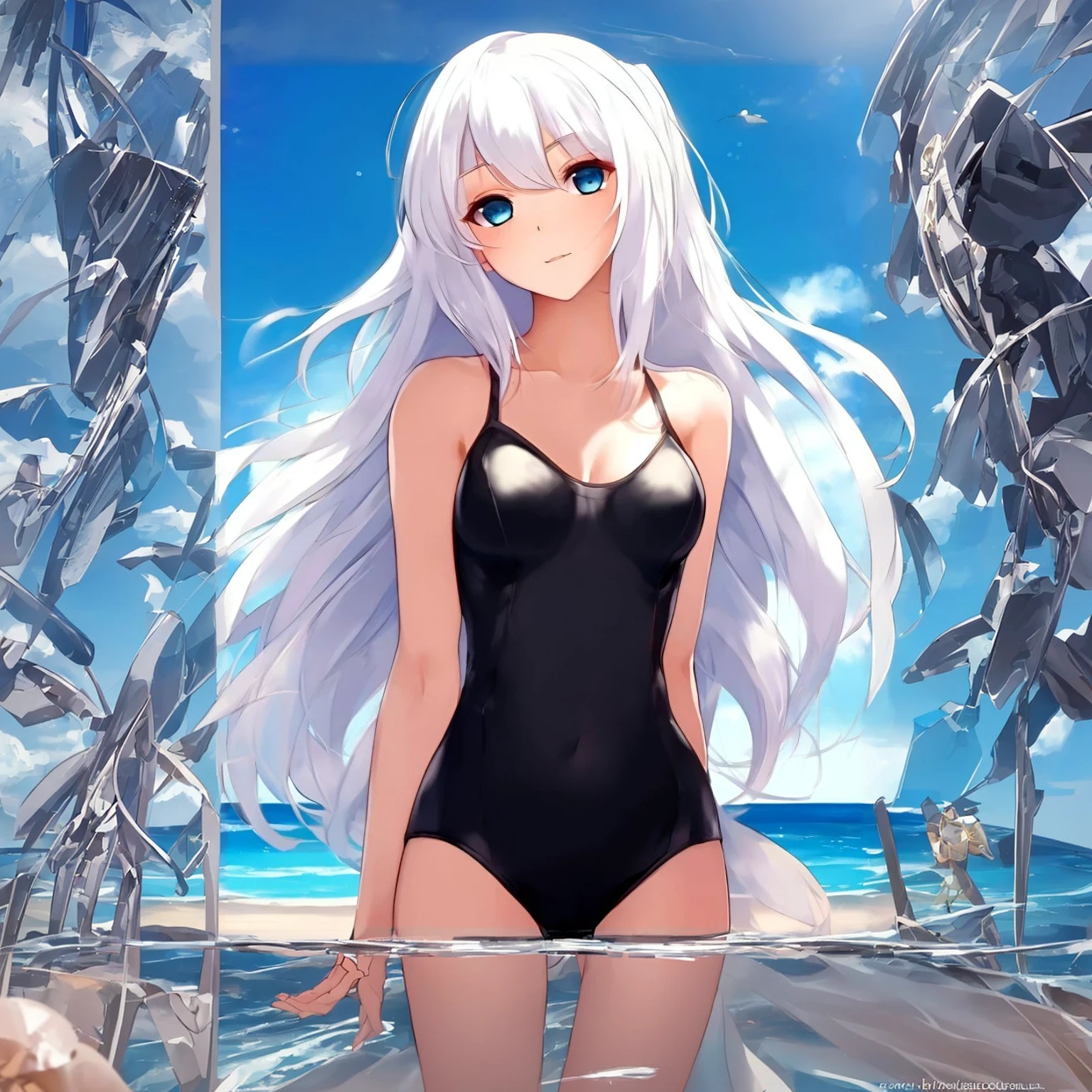 An anime girl on the beach, wearing a stylish black swimsuit, with long flowing white hair and bright blue eyes, standing under a bright sunny sky