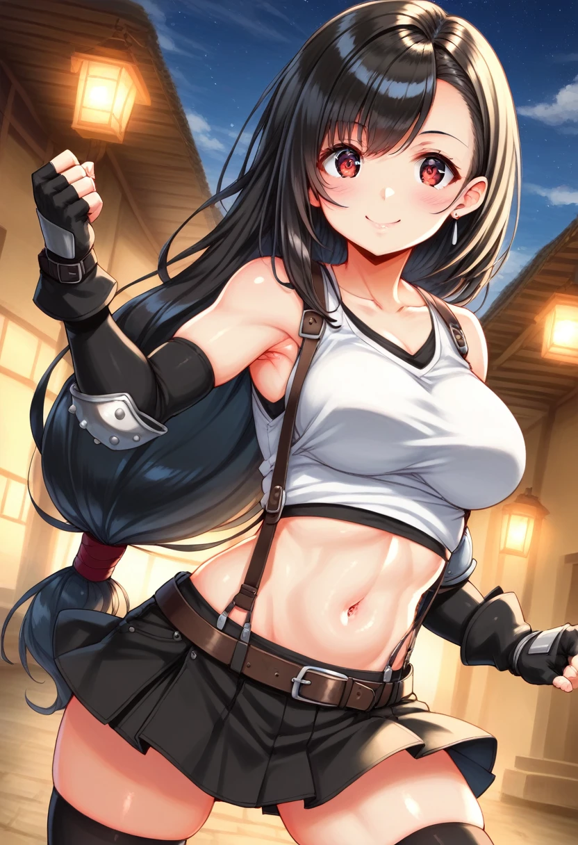 ,2020s_(style),(score_9,score_8_up,score_7_up,score_6_up,score_5_up,score_4_up), BREAK , dynamicangle,dynamicpose,medium shot),looking_at_viewer ,1girl, tifa lockhart, final fantasy, tareme,black hair, low-tied long hair, red eyes,wide-eyed, bangs, (white tank top, belt, pleated skirt, thighhighs, elbow fingerless gloves, elbow pads, midriff, navel,suspender skirt) ,large_breasts,(light smile),,,Solo,,(daytime and outdoor and mountain),hyper detailed,beautiful,great lighting,  perfect hands, detailed shadows,anime artwork, anime style, key visual, vibrant, studio anime,HDR,highly detailed,anime coloring, masterpiece, best quality,best aestethic, absurdres,,professional lighting,cinematic lighting,  　　