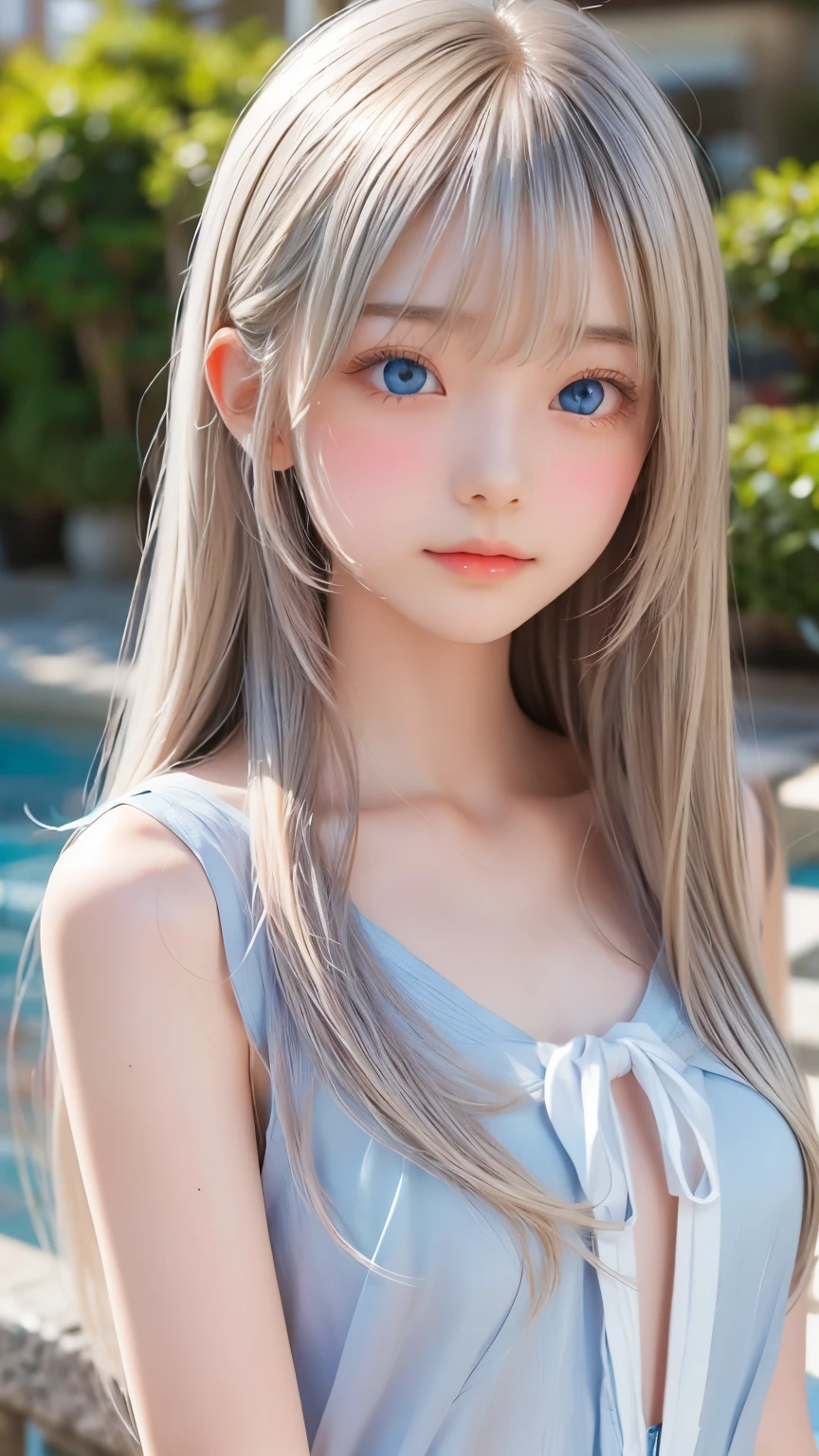 Shiny platinum blonde silk super long straight hair, beautiful shiny bangs, big clear sky blue eyes, very beautiful bright eye highlights, Embarrassing, Blushing