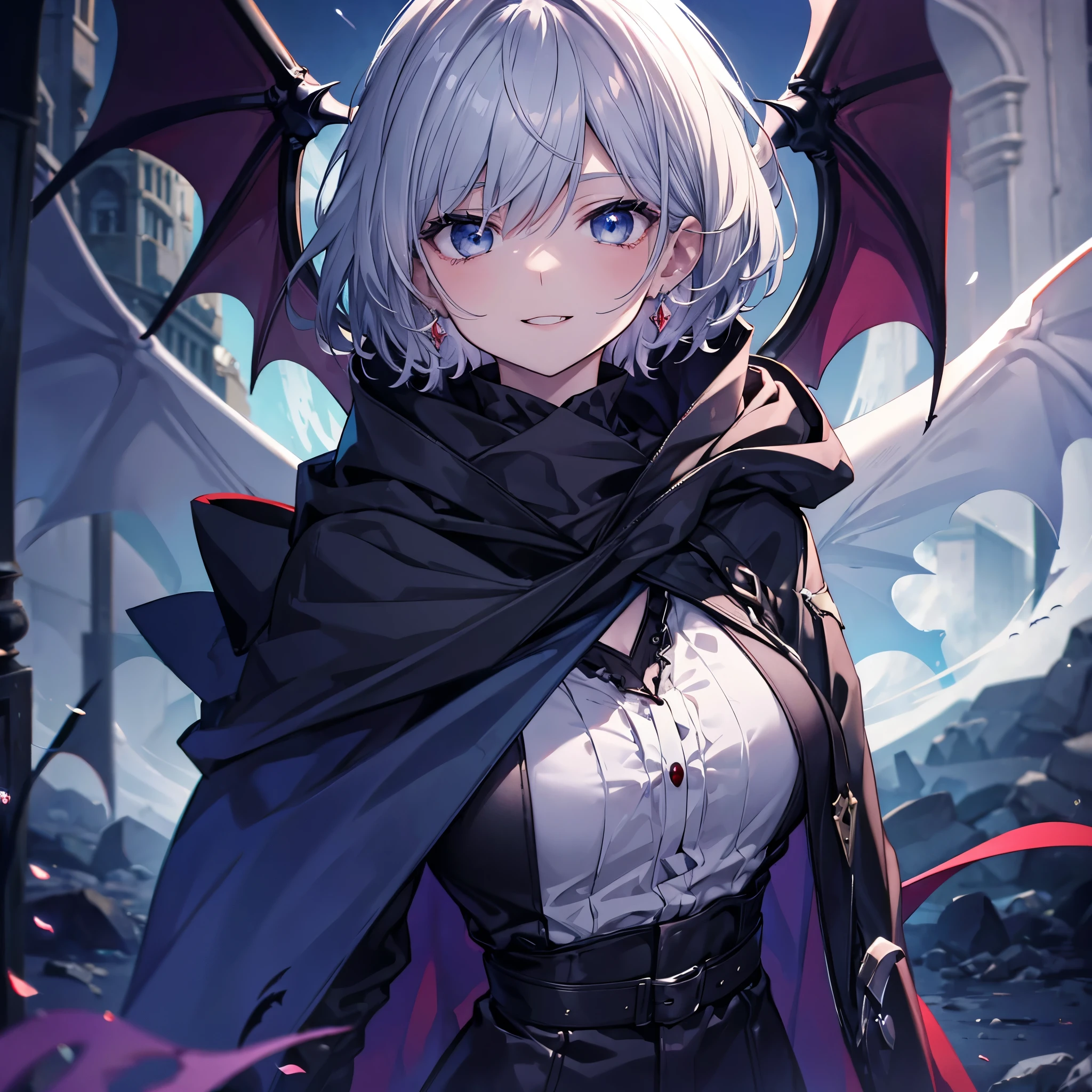 ((((vampire　Inflammation))))　(((Gray Hair　short hair　blue eyes　woman　Center close-up)))，((night　full moon　My own big wings))，(Wearing a hood　Black camisole　Purple light　Wearing a cloak)，　Creepy Smile　Showing teeth　Shining Background　Shining Edges