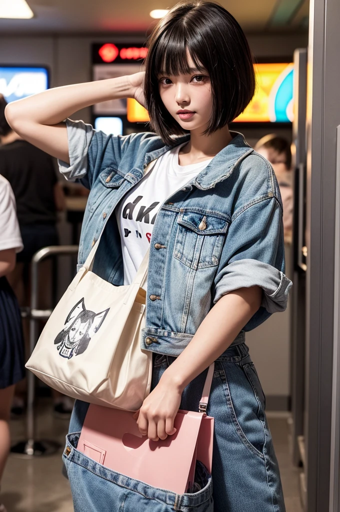 Game center, professional gamer, ((full body)), ((photo)), ((best qualtiy, 8K, tmasterpiece: 1.3)), Focus: 1.2, perfect figure beautiful girl: 1.4, 1girl, cowboy shot, look at viewer, eyes facing the camera, incredibly absurd, beautiful and cute girl with a photorealistic face, showcasing top-quality craftsmanship, A Japanese girl playing games at an arcade, 17 years old, with a bob cut, silky black hair, bangs cut at an angle to reveal her right eye, large eyes, a soft smile, tanned skin, thin and well-formed eyebrows, straight nose with a rounded tip, thin lips but a healthy, natural pink colour, small ears with pierced ears, a slender neck with a sharp jawline, a small face with well-formed facial features, fair, fine, translucent skin, long eyelashes that make the eye makeup stand out, eyes that are powerful but also kind, Well-aligned, white teeth, healthy, shiny skin and hair, friendly expression, , slender, well-balanced proportions, good posture, beautiful C-cup breasts, white character T-shirt, blue denim jacket, yellow shorts, white sneakers, silver earrings, tote bag with game character illustration printed on it, beautiful girl, moe, devilish type, sociable and easy to talk to, values teamwork, curious and adventurous, has a sense of humor, July