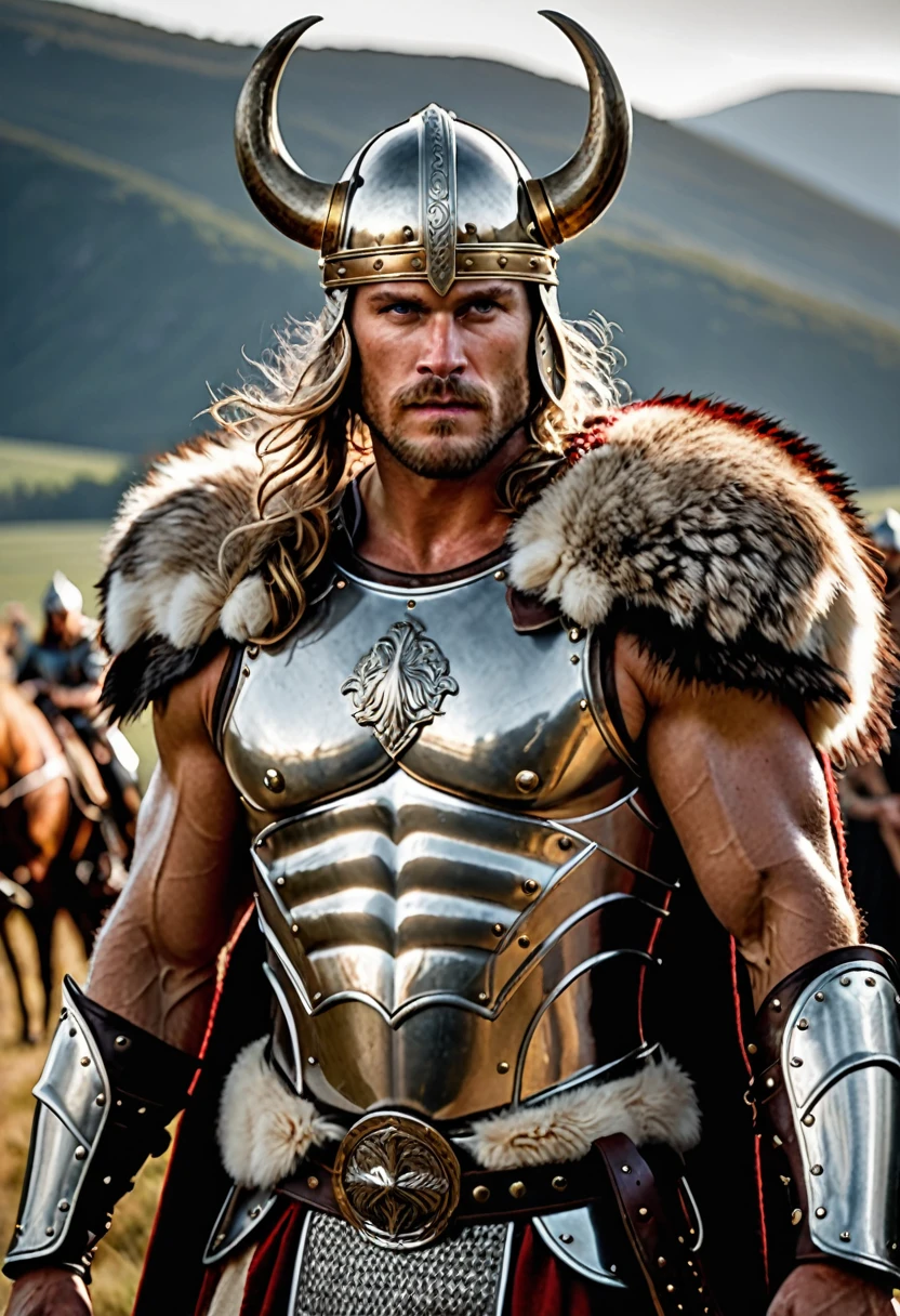 motion picture still Capture the indomitable spirit of a beautiful Viking Age warrior princess, cowboy shot, standing triumphantly amidst the chaos of a brutal skirmish, wearing luxurious furs and distressed leather, she personifies sophisticated wildness, Red drops of blood from the skirmish adorn his countenance, employing a low camera angle to emphasize the magnitude of his stature and authority, effectively positioning her as a titan above mere mortals, merging reality with fantasy, This provocative painting challenges conventional notions of beauty, inspiring reflection on what it means to be strong, commanding, and totally fascinating, estilo de Nick Knight, estilo de Igor Morski, style of wlop, . Shallow depth of field, vignette, altamente detailded, high budget, bokeh, cinemascope, temperamental, epic, marvelous, Film grain, graKalelado Guerreiro espartano, fighting , bloody armor, epics, Gladiator 8k (realisitic face focus details, Black Swan Viking makeup, noble warrior, muscular, bloody, broken armor, broken sword, standing in a field full of bodies of fallen warriors Artwork, best qualityer, cinematic lighting, natural shadow, More details, proffesional photography, detailded background, Depth of field, insane armor details, intricate face, Aesthetics, detailded, underground dispersal, realisitic hair, realisitic eyes, muscular, mascle, wide pectorals, (shining skin: 1), (sweat: 0.5), photo of a handsome man, silver armor clothes knights, Black Swan Sorrows, celestial magician do cabo, booties, mitts, high resolution RPG wizard outfit, realisitic, proffesional, ultra-detailded), muscular man in his forties, Kale, detailded facial features, strong and defined muscles, natural and confident pose, toned and tanned skin , sculpted abs and arms, prominent veins, shiny sweat, perfect lighting, Studio environment, 