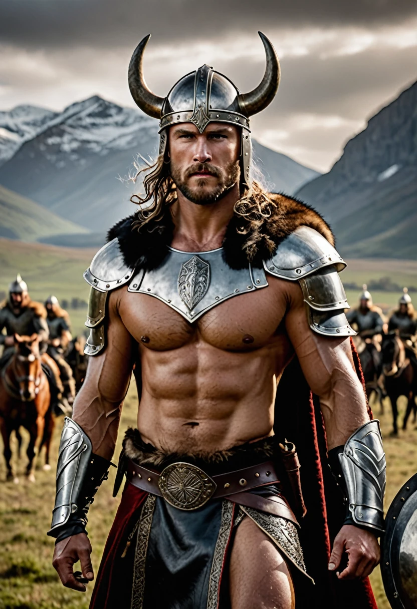 motion picture still Capture the indomitable spirit of a beautiful Viking Age warrior princess, cowboy shot, standing triumphantly amidst the chaos of a brutal skirmish, wearing luxurious furs and distressed leather, she personifies sophisticated wildness, Red drops of blood from the skirmish adorn his countenance, employing a low camera angle to emphasize the magnitude of his stature and authority, effectively positioning her as a titan above mere mortals, merging reality with fantasy, This provocative painting challenges conventional notions of beauty, inspiring reflection on what it means to be strong, commanding, and totally fascinating, estilo de Nick Knight, estilo de Igor Morski, style of wlop, . Shallow depth of field, vignette, altamente detailded, high budget, bokeh, cinemascope, temperamental, epic, marvelous, Film grain, graKalelado Guerreiro espartano, fighting , bloody armor, epics, Gladiator 8k (realisitic face focus details, Black Swan Viking makeup, noble warrior, muscular, bloody, broken armor, broken sword, standing in a field full of bodies of fallen warriors Artwork, best qualityer, cinematic lighting, natural shadow, More details, proffesional photography, detailded background, Depth of field, insane armor details, intricate face, Aesthetics, detailded, underground dispersal, realisitic hair, realisitic eyes, muscular, mascle, wide pectorals, (shining skin: 1), (sweat: 0.5), photo of a handsome man, silver armor clothes knights, Black Swan Sorrows, celestial magician do cabo, booties, mitts, high resolution RPG wizard outfit, realisitic, proffesional, ultra-detailded), muscular man in his forties, Kale, detailded facial features, strong and defined muscles, natural and confident pose, toned and tanned skin , sculpted abs and arms, prominent veins, shiny sweat, perfect lighting, Studio environment, 